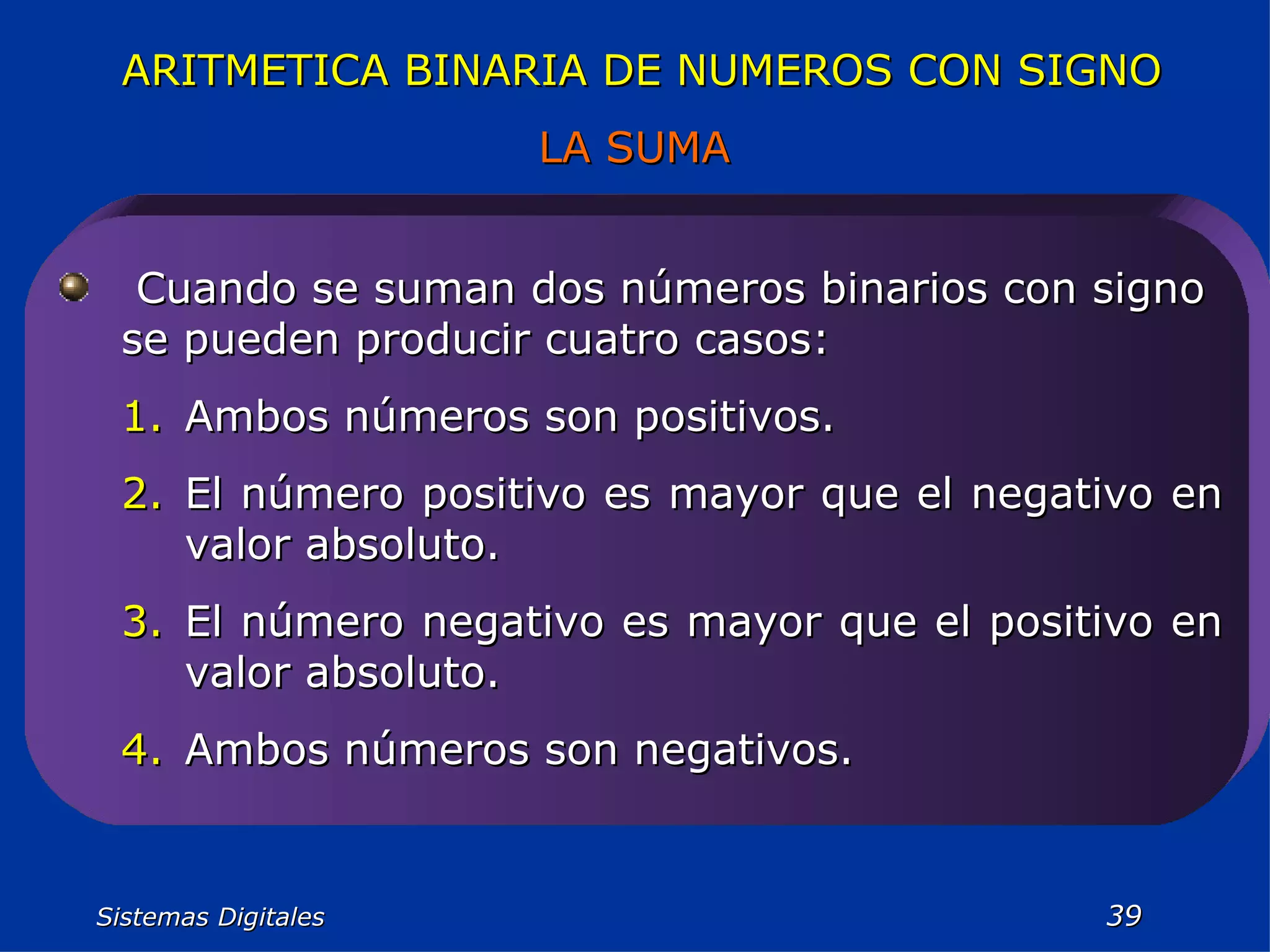 Sistemas Digitales  ARITMETICA BINARIA DE NUMEROS CON SIGNO LA SUMA   Cuando se suman dos números binarios con signo se pueden producir cuatro casos: Ambos números son positivos. El número positivo es mayor que el negativo en valor absoluto. El número negativo es mayor que el positivo en valor absoluto. Ambos números son negativos. 