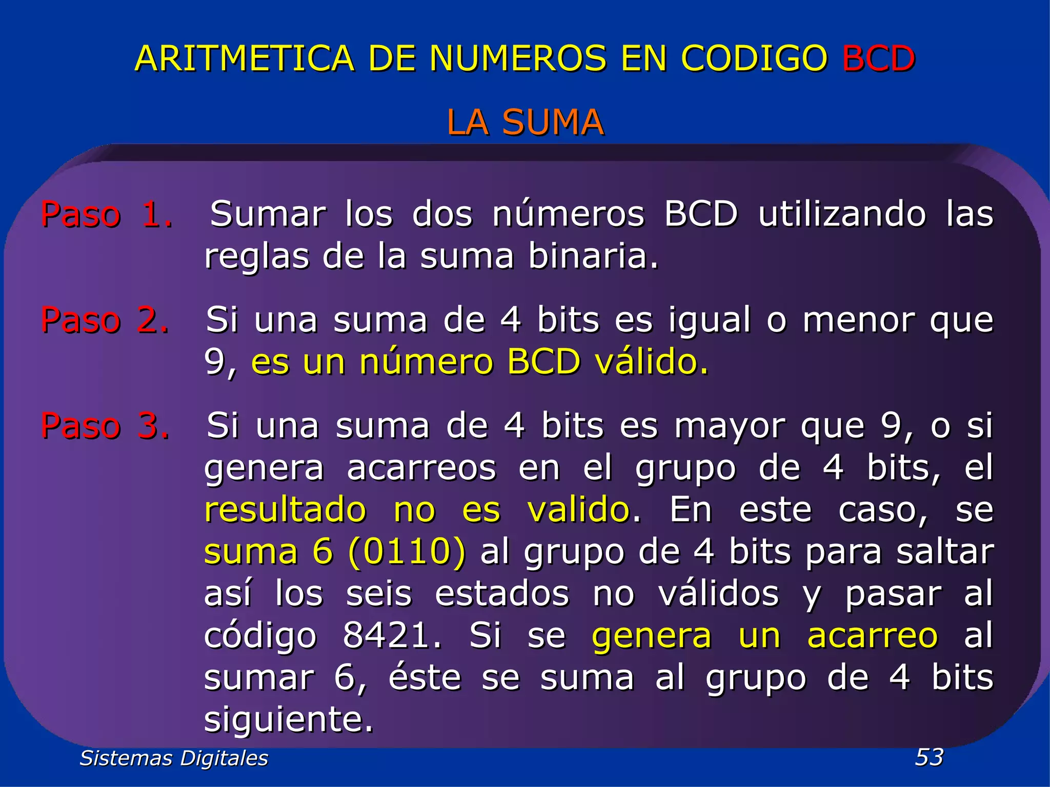 Sistemas Digitales  ARITMETICA DE NUMEROS EN CODIGO  BCD LA SUMA Paso 1. Sumar los dos números BCD utilizando las reglas de la suma binaria. Paso 2. Si una suma de 4 bits es igual o menor que 9,  es un número BCD válido. Paso 3. Si una suma de 4 bits es mayor que 9, o si genera acarreos en el grupo de 4 bits, el  resultado no es valido . En este caso, se  suma 6 (0110)  al grupo de 4 bits para saltar así los seis estados no válidos y pasar al código 8421. Si se  genera un acarreo  al sumar 6, éste se suma al grupo de 4 bits siguiente. 
