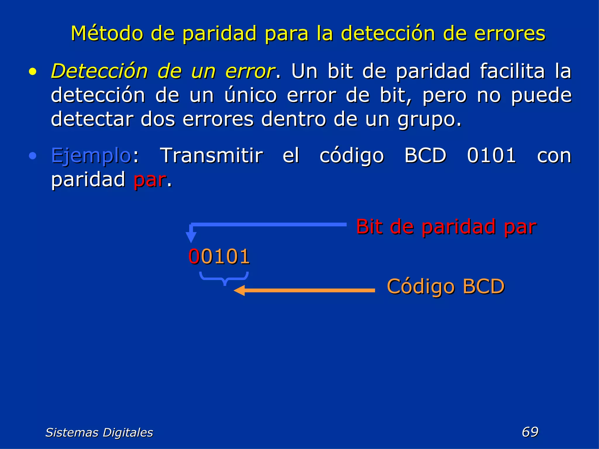 Sistemas Digitales  Método de paridad para la detección de errores Detección de un error . Un bit de paridad facilita la detección de un único error de bit, pero no puede detectar dos errores dentro de un grupo. Ejemplo : Transmitir el código BCD 0101 con paridad  par . Código BCD 0 0101 Bit de paridad par 