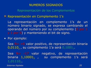 Sistemas Digitales  NUMEROS SIGNADOS Representación de los Complementos Representación en Complemento 1’s La representación en complemento 1’s de un número binario signado, se expresa cambiando el operando del número por su complemento ( 0 por 1 y 1 por 0 ) y manteniendo el bit de signo. Por ejemplo: Sea  N= +6  valor positivo, de representación binaria  0,0110 2  , su complemento 1’a será  0,1001 2 . Sea  N= -17  valor negativo, de representación binaria  1,10001 2  ,  su complemento 1’s será  1,01110 2 .  