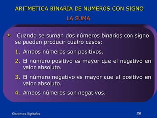 Sistemas Digitales  ARITMETICA BINARIA DE NUMEROS CON SIGNO LA SUMA   Cuando se suman dos números binarios con signo se pueden producir cuatro casos: Ambos números son positivos. El número positivo es mayor que el negativo en valor absoluto. El número negativo es mayor que el positivo en valor absoluto. Ambos números son negativos. 