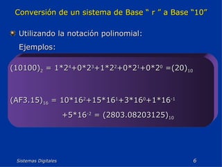 Sistemas Digitales  Conversión de un sistema de Base “ r ” a Base “10” Utilizando la notación polinomial: Ejemplos: (10100) 2  = 1*2 4 +0*2 3 +1*2 2 +0*2 1 +0*2 0  =(20) 10 (AF3.15) 16  = 10*16 2 +15*16 1 +3*16 0 +1*16 -1 +5*16 -2  = (2803.08203125) 10 