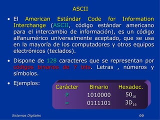 Sistemas Digitales  ASCII El  American Estándar Code for Information Interchange  ( ASCII , código estándar americano para el intercambio de información), es un código alfanumérico universalmente aceptado, que se usa en la mayoría de los computadores y otros equipos electrónicos (teclados). Dispone de  128  caracteres que se representan por  códigos binarios de 7 bits . Letras , números y símbolos. Ejemplos: 3D 16 0111101 = 50 16 1010000 P Hexadec. Binario Carácter 