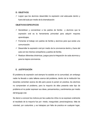 D. OBJETIVOS

    Lograr que los alumnos desarrollen la expresión oral adecuada dentro y

       fuera del aula por medio de la dramatización

   OBJETIVOS ESPECIFICOS

    Sensibilizar y concientizar a los padres de familia       y alumnos que la

       expresión oral es la herramienta primordial para adquirir mayores

       aprendizajes.

    Fomentar el trabajo con padres de familia y alumnos para que exista una

       comunicación.

    Desarrollar la expresión oral por medio de la convivencia dentro y fuera del

       aula con los mismos compañeros y padres de familia.

    Realizar diferentes dinámicas, juegos para la integración de cada alumnos y

       para la mejora convivencia.




   E. JUSTIFICACIÓN

El problema de expresión oral siempre ha existido en la comunidad, sin embargo

nadie ha llevado a cabo talleres acerca del problema, dentro de la institución los

docentes comentan acerca de ello pero pocos lo ponen en practica, los alumnos

no comprenden el problema, pero la mayoría de ellos presenta este tipo de

problema el no poder expresar sus ideas, pensamientos y sentimientos por medio

del lenguaje oral.

Se dieron a conocer los motivos por las cuales los niños no se expresan oralmente

el resultado de la mayoría fue por: miedo, inseguridad, pena/vergüenza, falta de

voluntad, por costumbre, y es trabajoso por falta de practica en cualquier lugar,
 