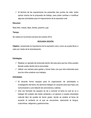  Al término de las exposiciones los presentes dan puntos de vista, todos
       opinan acerca de la propuesta de trabajo, para poder cambiar o modificar
       algunas actividades para el mejoramiento de la expresión oral.

Recursos:

Rota folio, mesas, lápiz, libreta, pizarrón y gis

Tiempo:

Se realiza en la primera semana de octubre 2012.

                                 SEGUNDA SESIÓN

Objetivo: comprender la importancia de la expresión oral y como se puede llevar a
cabo por medio de la dramatización.




Estrategias:

    Realizar un ejemplo de entrevista dentro del aula para que los niños puedan
       llevarlo acabo dentro de la comunidad.
    Utilizar una cámara para grabar y tomar fotos una que otra entrevista para
       que los niños analicen sus trabajos.

Actividades:

    El docente forma equipos para la organización de actividades e
       investigación del tema, los alumnos trabajan en conjunto para que haya una
       comunicación y una relación de convivencia y valores.
    Una vez formado los equipos se da a conocer el tema la cual se va a
       trabajar (El cuidado del medio ambiente y el aprecio a nuestra diversidad
       cultural) libro de puebla de tercer grado, donde se analiza el tema de
       acuerdo al contexto en el que se encuentran, abarcando la lengua,
       costumbres, religiones y gastronomías.
 