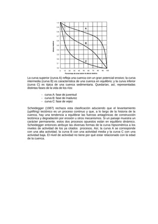La curva superior (curva A) refleja una cuenca con un gran potencial erosivo; la curva
intermedia (curva B) es característica de una cuenca en equilibrio; y la curva inferior
(curva C) es típica de una cuenca sedimentaria. Quedarían, así, representadas
distintas fases de la vida de los ríos:
- curva A: fase de juventud
- curva B: fase de madurez
- curva C: fase de vejez
Scheidegger (1987) rechaza esta clasificación aduciendo que el levantamiento
(uplifting) tectónico es un proceso continuo y que, a lo largo de la historia de la
cuenca, hay una tendencia a equilibrar las fuerzas antagónicas de construcción
tectónica y degradación por erosión u otros mecanismos. Si un paisaje muestra un
carácter permanente, estos dos procesos opuestos están en equilibrio dinámico.
Scheidegger entonces atribuye las diversas formas de la curva hipsométrica a los
niveles de actividad de los ya citados procesos. Así, la curva A se corresponde
con una alta actividad, la curva B con una actividad media y la curva C con una
actividad baja. El nivel de actividad no tiene por qué estar relacionado con la edad
de la cuenca.
 