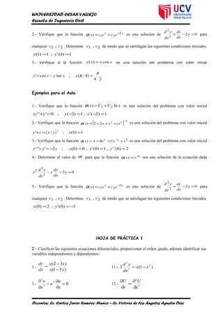 UNIVERSIDAD CESAR VALLEJO
Escuela de Ingeniería Civil
2.- Verifique que la función xx
ececx 2
21)( −
+=φ es una solución de 02
2
2
=−+ y
dx
dy
dx
yd
para
cualquier 21 , cc . Determine 21 , cc de modo que se satisfagan las siguientes condiciones iniciales.
1)1(';1)1( == yy
3.- Verifique si la función xxxy cos)( = es una solución del problema con valor inicial
24
)4/(;tancos'
π
π =−= yxyxy
Ejemplos para el Aula
1.- Verifique que la función xCCx ln)( 21 +=φ es una solución del problema con valor inicial
1)2(';1)2(;0''' =−=−=+ yyyxy
2.- Verifique que la función ( ) 12
22)(
−
+++= x
cexxxφ es una solución del problema con valor inicial
( ) 1)0(;/'
2
==+ yyxyy
3.- Verifique que la función 2
)( xCeBeAx xx
+++= −
φ es una solución del problema con valor inicial
2)0('';1)0(';0)0(;2'''' ===−=− yyyxyy
4.- Determine el valor de m para que la función m
xx =)(φ sea una solución de la ecuación dada
05
2
2
2
=−− y
dx
dy
x
dx
yd
x
5.- Verifique que la función xx
ececx 2
21)( −
+=φ es una solución de 02
2
2
=−+ y
dx
dy
dx
yd
para
cualquier 21 , cc . Determine 21 , cc de modo que se satisfagan las siguientes condiciones iniciales.
3)0(';2)0( −== yy
HOJA DE PRÁCTICA 1
I.- Clasificar las siguientes ecuaciones diferenciales, proporcionar el orden, grado, además identificar sus
variables independientes y dependientes:
1.-
)31(
)32(
yx
xy
dx
dy
−
−
= 11.- )1(3 2
5
5
xx
dx
yd
−=
2.- 02
2
2
=
∂
∂
−
∂
∂
x
u
a
x
u
12.- 2
2
x
U
x
U
∂
∂
=
∂
∂
Docentes: Lic. Carlos Javier Ramírez Muñoz – Lic. Victoria de los Ángeles Agustín Díaz
 