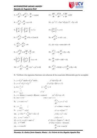 UNIVERSIDAD CESAR VALLEJO
Escuela de Ingeniería Civil
3.- tx
dt
dx
dt
xd
dt
xd
cos45 2
2
3
3
=−+ 13.- kN
r
N
rr
N
t
N
+
∂
∂
+
∂
∂
=
∂
∂ 1
2
2
4.- 02
2
=++ xt
dt
dy
dx
yd
x 14.- 05)'(2''3)'''( 43
=−+− yyyxyy
5.- yx
dx
yd
dx
yd 2
4
4
43
2
2
=





−





15.- 2
2
+=





y
dx
dy
6.- tx
dt
dx
dt
xd
3cos2943
2
2
=++ 16.- )1(8
4
4
xx
dx
yd
−=
7.- 0
2
2
2
2
=
∂
∂
+
∂
∂
y
u
x
u
17.- 0)cos( =−+ dxxxydy
8.- 0
2
2
=++
C
Q
dt
dQ
R
dt
Od
L 18.- ;0222
2
=+− y
dt
dx
x
dx
yd
9.- 0
4
2
22
3
3
=+








−








vw
dv
wd
dv
wd
19.- ),1)(4( xx
dt
dy
−−=
10.- ;0)( 22
2
2
2
=−++ px
dx
dy
x
dx
yd
x 20.- ;09)1(1.0 2
2
2
=+−− y
dt
dx
y
dx
yd
II.- Verificar si las siguientes funciones son solucione de las ecuaciones diferenciales que los acompaña:
1.- 013'4''33cos 2
2
2
1 =+−+= yyyxseneCxeCy xx
2.- )1(22''' 22
21
2
xxyyyeCeCxy xx
−+=−+++= −
3.- 0)(ln =+−=+ y
dx
dy
xyC
y
x
y
4.-
2
3'
3
1
yy
Cx
y =
+
−=
5.- 0'2'')cos()(cos =+−−++= xyyxyxxsenxBxsenxxAy
6.- 1cos' +=++= −
xsenyyyCexseny x
7.- 2
xxseny += 22
2
2
+=+ xy
dx
yd
8.-
x
x
y
cos
= , .sectan' xxyy =−
9.- xxx
Ceey += + 2 2
2' xx
xeyy +
=−
10.- ( )122
4
1 22
−++= −
xxCey x
xxyy 22' 2
+=+
11.- xx
Ceey 2−−
+= x
eyy −
=+2'
12.- ( ) 24cos2'2'' 22
21 +−+−=+−+++= tttxxxtsentetccx t
13.- senxy = xsenxxxyy 2cos2' −=−
14.- tx 2cos= tsentx
dt
dx
2=+
Docentes: Lic. Carlos Javier Ramírez Muñoz – Lic. Victoria de los Ángeles Agustín Díaz
 