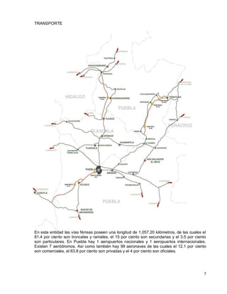 TRANSPORTE




En esta entidad las vías férreas poseen una longitud de 1,057.20 kilómetros, de las cuales el
81.4 por ciento son troncales y ramales, el 15 por ciento son secundarias y el 3.5 por ciento
son particulares. En Puebla hay 1 aeropuertos nacionales y 1 aeropuertos internacionales.
Existen 7 aeródromos. Así como también hay 99 aeronaves de las cuales el 12.1 por ciento
son comerciales, el 83.8 por ciento son privadas y el 4 por ciento son oficiales.




                                                                                           7
 