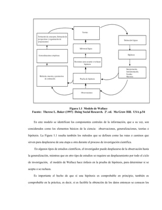 Teorías

        Formación de conceptos, formación de
        perspectivas y organización de
                                                                                    Deducciòn Lògica
        proposiciones.


                                                      Inferencia lógica


         Generalizaciones empíricas.                                                    Hipótesis


                                               Decisiones para aceptar o rechazar
                                                           hipótesis

                                                                                      Interpretación,
                                                                                      instrumentación,
                                                                                      Escalas,
          Medición, muestra y parámetros                                              Muestras
                de estimación.                        Prueba de hipótesis




                                                       Ob servaciones




                               Figura 1.1 Modelo de Wallace
   Fuente: Therese L. Baker (1997) Doing Social Research. 2ª. ed. Ma Graw Hill. USA p.54


    En este modelo se identifican los componentes centrales de la información, que a su vez, son

considerados como los elementos básicos de la ciencia: observaciones, generalizaciones, teorías e

hipótesis. La Figura 1.1 resalta también los métodos que se definen como las rutas o caminos que

sirven para desplazarse de una etapa a otra durante el proceso de investigación científica.

     En algunos tipos de estudios científicos, el investigador puede desplazarse de la observación hasta

la generalización, mientras que en otro tipo de estudios se requiere un desplazamiento por todo el ciclo

de investigación, el modelo de Wallace hace énfasis en la prueba de hipótesis, para determinar si se

acepta o se rechaza.

    Es importante el hecho de que si una hipótesis es comprobable en principio, también es

comprobable en la práctica, es decir, si es factible la obtención de los datos entonces se conocen los
 