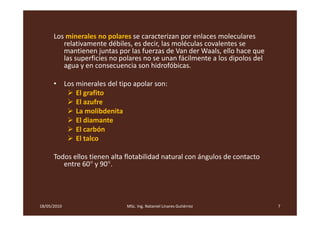Los minerales no polares se caracterizan por enlaces moleculares
         relativamente débiles, es decir, las moléculas covalentes se
         mantienen juntas por las fuerzas de Van der Waals, ello hace que
         las superficies no polares no se unan fácilmente a los dipolos del
         agua y en consecuencia son hidrofóbicas.

      • Los minerales del tipo apolar son:
            El grafito
            El azufre
            La molibdenita
            El diamante
            El carbón
            El talco

      Todos ellos tienen alta flotabilidad natural con ángulos de contacto
         entre 60° y 90°.




18/05/2010                    MSc. Ing. Nataniel Linares Gutiérrez            7
 