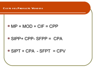 Costo del Producto Vendido MP + MOD + CIF = CPP SIPP+ CPP- SFPP =  CPA SIPT + CPA  - SFPT  = CPV 