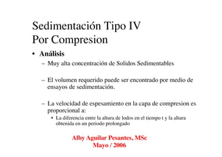 Sedimentación Tipo IV
Por Compresion	

•  Análisis	

–  Muy alta concentración de Solidos Sedimentables	

–  El volumen requerido puede ser encontrado por medio de
ensayos de sedimentación.	

–  La velocidad de espesamiento en la capa de compresion es
proporcional a:	

•  La diferencia entre la altura de lodos en el tiempo t y la altura
obtenida en un periodo prolongado	

Alby Aguilar Pesantes, MSc	

Mayo / 2006	

 