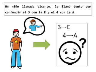 Un niño llamada Vicente, le llamó tonto por
confundir el 3 con la E y el 4 con la A.
 