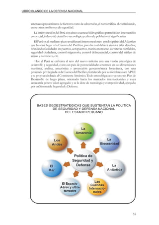 amenazas provenientes de factores como la subversión, el narcotráfico, el contrabando,
entreotrosproblemasdeseguridad.
La interconexión del Perú con cinco cuencas hidrográficas permitirá un intercambio
comercial,industrial,científico-tecnológico,culturalypoblacional significativo.
El Perú en el mediano plazo establecerá interconexiones con los países del Atlántico
que buscan llegar a la Cuenca del Pacífico, para lo cual deberá atender tales desafíos,
brindando facilidades en puertos, aeropuertos, marina mercante, carreteras confiables,
seguridad ciudadana, control migratorio, control delincuencial, control del tráfico de
armasynarcóticos,etc.
Hoy el Perú se enfrenta al reto del nuevo milenio con una visión estratégica de
desarrollo y seguridad, como un país de potencialidades enormes en sus dimensiones
marítima, andina, amazónica y proyección geoeconómica bioceánica, con una
presencia privilegiada en la Cuenca del Pacífico, fortalecida por su membresía en APEC
y su proyección hacia el Continente Antártico. Todo esto obliga a estructurar un Plan de
Desarrollo de largo plazo, orientado hacia los mercados internacionales y cuya
economía genere valor agregado y se le dote de tecnología y competitividad, apoyado
por unSistemadeSeguridadyDefensa.
LIBRO BLANCO DE LA DEFENSA NACIONAL
BASES GEOESTRATÉGICAS QUE SUSTENTAN LA POLÍTICA
DE SEGURIDAD Y DEFENSA NACIONAL
DEL ESTADO PERUANO
55
 