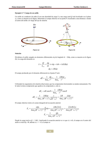 Física General III                      Campo Eléctrico                                     Toribio Córdova C.




    Un anillo no conductor de radio R con una densidad de carga λ y una carga total Q está localizado en el plano
    Ejemplo 2.7 Campo de un anillo


    xy, como se muestra en la figura. Determine el campo eléctrico en un punto P, localizado a una distancia z desde
    el centro del anillo a lo largo del eje de simetría




                               Figura (a)                                           Figura (b)

    Solución

    Dividimos al anillo cargado en elementos diferenciales dq de longitud ds = Rdϕ, como se muestra en la figura
    (b). La carga del elemento es

                                              Q    dq
                                       λ=        =    ⇒ dq = λ ds = λ d ( Rϕ )
                                             LCir ds
                                                       dq = λ Rdϕ

    El campo producido por el elemento diferencial en el punto P será

                                                 1 dq        1 λ Rdϕ
                                   =dE            =        ˆ
                                                           r           ˆ
                                                                       r
                                                 4πε 0 r 2
                                                             4πε 0 r 2

    Utilizando los argumentos de simetría observamos que las componentes horizontales se anulan mutuamente. Por
    lo tanto la única componente que queda es la componente z, esto es

                                                               1 λ Rdϕ
                                    = dE cos θ
                                    dEz =                               cos θ
                                                              4πε 0 r 2
                                       1      λ Rdϕ      z       λR        λ dϕ
      =dEz                             =
                                      4πε 0 ( R + z ) R 2 + z 2 4πε 0 ( R + z 2 )3/ 2
                                               2   2                     2



    El campo eléctrico total es la suma (integral) de la ecuación anterior

                                   λ Rz                 λ Rz ( 2π )             ( 2π Rλ ) z
      =Ez                           = =         ∫ dϕ 4πε 0 ( R 2 + z 2 )3/ 2 4πε 0 ( R 2 + z 2 )3/ 2
                                         2 3/ 2 
                            4πε 0 ( R + z ) C
                                     2


                                                         1       Qz
                                                Ez =
                                                       4πε 0 ( R + z 2 )3/ 2
                                                                 2



    Donde la carga total es Q = 2πRλ. Analizando la ecuación anterior se ve que si z→0, el campo en el centro del
    anillo es nulo E0 = 0, además si z >> R, el campo es




                                                        53
 