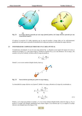 Física General III                       Campo Eléctrico                                     Toribio Córdova C.




                        (a)                                                                     (b)
      Fig. 2.1    (a) Campo eléctrico generado por una carga puntual positiva, (b) Campo eléctrico generado por una
                  carga puntual negativa


      Al aplicar la ecuación (2.1) debe suponerse que la carga de prueba o testigo debe ser los suficientemente
      pequeña de tal modo que no perturbe la distribución de carga que produce la intensidad de campo eléctrico.


2.3   INTENSIDAD DE CAMPO ELECTRICO DE UNA CARGA PUNTUAL


      muestra en la figura 2.2, y una carga testigo q0 situada en el punto 𝑃( 𝑥, 𝑦, 𝑧) a una distancia r de la carga q. De
      Consideremos inicialmente el caso de una carga puntual fija +q ubicada en una región del espacio tal como se

      acuerdo a la ley de Coulomb, la fuerza sobre la carga de prueba es

                                                               1   qq0
                                                       Fe =             ˆ
                                                                        r
                                                              4πε o r 2

      Donde r, es un vector unitario dirigido desde q hacia q0
            �




      Fig. 2.2    Fuerza eléctrica ejercida por q sobre la carga testigo q0.


      La intensidad de campo eléctrico en el punto P, debido a la carga q ubicada en el origen de coordenadas es

                                                     1 qq0
                                                             ˆ
                                                              r
                                                Fe 4πε o r 2
                                               = =
                                               E
                                                 q0     q0

                                                               1  q
                                                       E=              ˆ
                                                                       er                                            (2.3)
                                                             4πε 0 r 2

      Donde q, es la carga que produce el campo y r, es un vector unitario dirigido desde q hacia la carga q0. Si q es
                                                        �
      positiva, el campo está dirigido radialmente hacia afuera (figura 2.3a) mientras que si q es negativa el campo
      eléctrico está dirigida hacia ella (figura 2.3b).

                                                           42
 