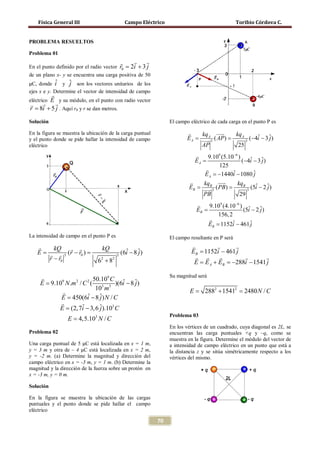 Física General III                         Campo Eléctrico                                     Toribio Córdova C.


PROBLEMA RESUELTOS

Problema 01
                                                       
En el punto definido por el radio vector r0 2i + 3 j
                                         =

μC, donde i y ˆ son los vectores unitarios de los
de un plano x- y se encuentra una carga positiva de 50
             ˆ    j
ejes x e y. Determine el vector de intensidad de campo
       
      E  y su módulo, en el punto con radio vector
eléctrico
   

= 8i + 5 j . Aquí r0 y r se dan metros.
r

Solución                                                           El campo eléctrico de cada carga en el punto P es

En la figura se muestra la ubicación de la carga puntual                        kq A          kq A
y el punto donde se pide hallar la intensidad de campo                    =
                                                                          EA        =
                                                                                  3 ( AP)              3
                                                                                                              (−4i − 3 ˆ)
                                                                                                                 ˆ     j
eléctrico                                                                        AP                25
                                                                            9.109 (5.10−6 )
                                                                     =  EA                   (−4i − 3 ˆ)
                                                                                                 ˆ     j
                                                                                  125
                                                                            
                                                                           E A = i − 1080 ˆ
                                                                                 −1440 ˆ           j
                                                                          kq         kqB
                                                                     = B3 ( PB )
                                                                      EB    =                 3
                                                                                                 (5i − 2 ˆ)
                                                                                                     ˆ   j
                                                                           PB               29
                                                                     9.109 (4.10−6 ) ˆ
                                                                  =EB                (5i − 2 ˆ)
                                                                                             j
                                                                         156, 2
                                                                      
                                                                      = 1152i − 461 ˆ
                                                                      EB        ˆ       j
La intensidad de campo en el punto P es                            El campo resultante en P será
             kQ               kQ                                                  
=E            3 (r=
                    − r0 )                  (6i − 8 ˆ)
                                              ˆ     j                     = 1152i − 461 j
                                                                          EB
            r − r0
                                          3
                                                                                          
                               6 2 + 82                                    E = + EB = i − 1541 j
                                                                              EA      −288

                                                                  Su magnitud será
                                50.109 C ˆ
     E      9.109 N .m 2 / C 2 ( 3 3 )(6i − 8 ˆ)
                                              j
                                 10 m                                       E=     2882 + 15412 = 2480 N / C
                
            = 450(6i − 8 ˆ) N / C
                E            ˆ    j
                
             = (2, 7i − 3, 6 ˆ).103 C
               E           ˆ      j
                                                                   Problema 03
                   E = 4,5.103 N / C
                                                                   En los vértices de un cuadrado, cuya diagonal es 2L, se


Una carga puntual de 5 μC está localizada en x = 1 m,
Problema 02                                                        encuentran las carga puntuales +q y –q, como se


y = 3 m y otra de – 4 μC está localizada en x = 2 m,
                                                                   muestra en la figura. Determine el módulo del vector de
                                                                   a intensidad de campo eléctrico en un punto que está a
                                                                   la distancia z y se sitúa simétricamente respecto a los
y = -2 m. (a) Determine la magnitud y dirección del                vértices del mismo.
campo eléctrico en x = -3 m, y = 1 m. (b) Determine la
magnitud y la dirección de la fuerza sobre un protón en
x = -3 m, y = 0 m.

Solución

En la figura se muestra la ubicación de las cargas
puntuales y el punto donde se pide hallar el campo
eléctrico

                                                             70
 