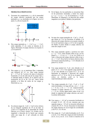 Física General III                     Campo Eléctrico                                    Toribio Córdova C.


     PROBLEMAS PROPUESTOS                                       5.   En la figura, las tres partículas se encuentran fijas
                                                                     en las posiciones mostradas y tienen las cargas
1.   Encuentre las componentes x e y de la intensidad                q1 = q2 = +e y q3 = +2e. Si la distancia a = 6 µm.
     de campo eléctrico producido por las cargas                     Determine, la magnitud y la dirección del campo
     puntuales q1 y q2 mostradas en la figura. (a) en el             magnético en el punto P debido a las partículas.
     punto A y (b) en el punto B.




                                                                6.   Se tiene dos cargas puntuales de +5 μC y –10 μC,
                                                                     que distan en 1 m. (a) Encontrar el módulo y la
                                                                     dirección del campo eléctrico en un punto situado a
                                                                     0,6 m de la primera carga y a 0,8 m de la segunda.
2.   Dos cargas puntuales q1 = - 6 nC y q2 = + 6 nC,                 (b) Hallar el punto donde el campo eléctrico de
     están separadas 12 cm, como se muestra en la                    estas dos cargas es cero.
     figura. Determine el campo eléctrico en el punto A
     y en el punto B.
                                                                7.   Dos carga puntuales iguales y positivas de valor
                                                                     q1 = q2 = 8 nC, están situadas sobre el eje y en los
                                                                     puntos y1 = +4 cm e y2 = -4 cm. (a) ¿Cuál es el
                                                                     valor y dirección del campo eléctrico sobre el eje x
                                                                     en x = 5 cm?. (b) ¿Cuál es la fuerza eléctrica sobre
                                                                     una tercera carga de prueba q0 = 2 nC ubicada en el
                                                                     punto P (3, 4) cm?.


                                                                8.   Una carga puntual de -5 µC, esta ubicada en el
3.   Dos cargas q1 y q2 se mantienen fijas y separadas               punto A ( 4, -2) m. Una segunda carga puntual de
     una distancia de 4,5 cm. Otra carga puntual                     12 µC está ubicada en el punto B (1, 2) m. (a)
     Q = -1,75 µC de 5 gramos de masa se encuentra                   Determine la magnitud y dirección del campo
     localizada a 3 cm de cada una de las cargas fijas y             eléctrico en P (-1, 0) m. (b) Si en el punto P se
     es liberada desde el reposo. Si se observa que la               coloca un electrón, ¿cuál es la fuerza
     aceleración de Q es de 324 m/s2 hacia arriba                    experimentada por dicho electrón?
     paralela a la línea de unión de las cargas q.
     Determine q1 y q2.
                                                                9.   Tres cargas puntuales de -5 µC, +3 µC y +5 µC
                                                                     están localizadas a lo largo del eje x en x = -1 cm,
                                                                     x = 0 cm, y en x = +1 cm, respectivamente.
                                                                     Calcular el campo eléctrico en x = +3 cm y en
                                                                     x = 15 cm. ¿Existe algún punto sobre el eje x en
                                                                     donde la magnitud del campo eléctrico sea cero?.
                                                                     Localizar dicho punto.


                                                                10. Una carga q1 = -0,3 µC se encuentra localizada en


     Se colocan cargas de –2 μC y +4 μC en los vértices
                                                                    el punto A (25, -30, 15) cm, mientras que una
                                                                    segunda carga q2 = 0,5 µC se encuentra ubicada en
4.                                                                  el punto B (-10, 8, 12) cm. Encuentre la intensidad
     de un triángulo equilátero de 10 cm de lado. a)                de campo eléctrico en: (a) el origen de coordenadas
     ¿Cuál es la magnitud de la intensidad de campo                 y (b) P (15, 20, 50) cm.


     sobre una carga de –2 μC colocada en dicho
     eléctrico en el tercer vértice?. b) ¿Cuáles son la
     magnitud y dirección de la fuerza que actuaría             11. Dos cargas de +3 µC están localizadas en (0, 2) m
                                                                    y en (0, -2) m. Otras dos cargas Q están localizadas
     vértice?.                                                      en (4, 2) m y en (4, -2) m. Como se muestra en la

                                                           82
 