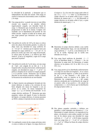 Física General III                      Campo Eléctrico                                     Toribio Córdova C.


    la velocidad de la partícula y demuestre que es                  el origen es -2q y las otras dos cargas están sobre el
    independiente del radio del círculo. Sólo tenga en               eje y en y = a e y = -a valen +q. (a) Determine el
    cuenta la interacción electrostática entre el alambre            campo eléctrico en un punto sobre el eje x a gran
    y la carga.                                                      distancia de manera que x >> a. (b) Determine el
                                                                     campo eléctrico en un punto sobre el eje y a gran
25. Una carga positiva +q puede moverse en una órbita                distancia de manera que y >> a.
    circular con respecto a un alambre infinito
    negativamente cargado, con densidad lineal de
    carga –λ. Demuestre que el período de la órbita es
    proporcional al radio de la misma. Compare este
    resultado con la dependencia del período de una
    órbita circular respecto al radio de la misma, para
    una carga puntual que interactué con otra carga
    puntual.


26. Una pelota de corcho de 0,40 g de masa se coloca
    entre dos placas horizontales grandes. La placa de
    abajo tiene una densidad de carga uniforme de                30. Determine el campo eléctrico debido a una varilla
    σ1 = 0,8 µC/ m2, mientras que la superior tiene una              delgada, infinitamente larga, con una densidad de
    densidad de carga uniforme σ2 = -0,5 µC/ m2, la                  carga uniforme λ = 4 µC/m, a una distancia de 70
    pelota de corcho que tiene una carga desconocida,                cm de la varilla. Suponga que la varilla está
    se coloca entre las placas, y se observa que flota               alineada con el eje y.
    inmóvil. ¿Cuál es la magnitud y signo de la carga
    que posee la pelota?                                         31. Una carga lineal uniforme de densidad λ = 5
                                                                     nC/m, se distribuye desde x = 0 hasta x = 3m. (a)


    de −2𝜇𝐶, está colgada de un hilo de 1 m de
                                                                     Determine la carga total. (b) Determine el campo
27. Una pelota de corcho de 5 g de masa, con una carga               eléctrico en los puntos A(4, 0) m; B(8, 0) m y en
                                                                     P(0, 3) m.
    longitud sobre una placa horizontal, uniformemente
    cargada, con densidad de carga σ = 1 µC/m2. La               32. Una carga positiva Q es distribuida uniformemente
    pelota se desplaza de la vertical un ángulo pequeño              a lo largo de una barra de longitud a. Si se coloca
    y se le permite oscilar. Demuestre que la pelota                 una carga puntual negativa –q sobre el eje positivo
    describe un movimiento armónico simple y calcule                 de las x, a una distancia x del origen de
    la frecuencia de oscilación de ese movimiento.                   coordenadas, como se muestra en la figura. (a)
                                                                     Determine las componentes x e y del campo
                                                                     eléctrico producido por la distribución de carga Q
28. La figura muestra una palanqueta formada por dos                 en puntos sobre el eje positivo x. (b) calcule las
    masas idénticas m sujetas a los extremos de una                  componentes x e y de la fuerza que la distribución
    barra delgada (sin masa) de longitud a con un                    de carga Q ejerce sobre –q.
    pivote en su centro, las masas transportan las
    cargas +q y –q y el sistema está localizado en un

    pequeños valores del ángulo θ entre la dirección
                                
    campo eléctrico uniforme E . Demostrar que para

    del dipolo y el campo eléctrico, el sistema ejecutará
    un MAS y deducir el período de este movimiento.




                                                                 33. Dos planos cargados verticales e infinitos son
                                                                     paralelos y están separados una distancia d = 2 m.
                                                                     Determinar el campo eléctrico a la izquierda de los
                                                                     plano, a la derecha y entre ambos cuando: (a) Cada
                                                                     uno de los planos posee una densidad de carga
                                                                     uniforme σ = +5 µC/ m2 y (b) El plano izquierdo
                                                                     tiene una carga tiene σ = +4 µC/ m2 y el derecho
29. Un cuadrupolo consta de dos cargas próximas entre                σ = -3 µC/ m2. Dibuje las líneas de campo eléctrico
    sí como se indica en la figura. La carga efectiva en             en cada caso.

                                                            85
 
