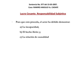 Sentencia No. 977 del 15-05-2007.  Caso:  RAMIRO ANGULO Vs. CADAFE Lucro Cesante. Responsabilidad Subjetiva Para que esto proceda, el actor ha debido demostrar: a) La incapacidad,  b) El hecho ilícito y; c) La relación de causalidad  