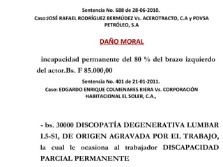 Sentencia No. 688 de 28-06-2010.  Caso: JOSÉ RAFAEL RODRÍGUEZ BERMÚDEZ Vs. ACEROTRACTO, C.A y PDVSA PETRÓLEO, S.A DAÑO MORAL   incapacidad permanente del 80 % del brazo izquierdo del actor.Bs. F 85.000,00 Sentencia No. 401 de 21-01-2011.  Caso:  EDGARDO ENRIQUE COLMENARES RIERA Vs. CORPORACIÓN HABITACIONAL EL SOLER, C.A.,  - bs. 30000 DISCOPATÍA DEGENERATIVA LUMBAR L5-S1, DE ORIGEN AGRAVADA POR EL TRABAJO, la cual le ocasiona al trabajador DISCAPACIDAD PARCIAL PERMANENTE 