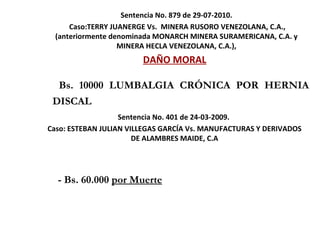 Sentencia No. 879 de 29-07-2010.  Caso: TERRY JUANERGE Vs.  MINERA RUSORO VENEZOLANA, C.A., (anteriormente denominada MONARCH MINERA SURAMERICANA, C.A. y  MINERA HECLA VENEZOLANA, C.A.),  DAÑO MORAL Bs. 10000 LUMBALGIA CRÓNICA POR HERNIA DISCAL Sentencia No. 401 de 24-03-2009.  Caso:   ESTEBAN JULIAN VILLEGAS GARCÍA Vs. MANUFACTURAS Y DERIVADOS DE ALAMBRES MAIDE, C.A -  Bs. 60.000  por Muerte 