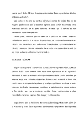 cuenta con 4 de los 12 tipos de suelos contemplados. Estos son: entisoles, ultisoles,
aridisoles, y alfisoles”.
Los suelos de la zona sur del lago constituyen dentro del estado Zulia los de
mayores posibilidades para el desarrollo agrícola, estos se han desarrollado sobre
materiales aluviales en la parte noroeste, mientras que al noreste se han
desarrollado sobre áreas pluviales.
Larreal (2007), describe que los suelos de la parroquia los cortijos tienen un
horizonte Ap. (ócrico) 10 a 20 cm de profundidad; de color marrón amarillento en
húmedo y no estructurado; con un horizonte Bt (argílico) de color marrón fuerte en
húmedo y estructura blocosa, moderada, fina y media, muy desarrollado a partir de
los 15 cm hasta una profundidad mayor a los 2 m.
2.2. BASES TEÓRICAS
Según Claves para la Taxonomía de Suelos (Décima segunda Edición, 2014) La
palabra “suelo”, como muchas otras, tiene varios significados. En su significado
tradicional, el suelo es el medio natural para el desarrollo de plantas terrestres, ya
sea que tenga o no horizontes discernibles. Este concepto es todavía la forma más
común como se comprende la palabra, y es el principal interés en el que el suelo
centra su significado. Las personas consideran al suelo importante porque sostiene
a las plantas que nos proporcionan comida, fibras, medicamentos y otras
necesidades humanas, y porque filtra al agua y recicla excretas.
Según Claves para la Taxonomía de Suelos (Décima segunda Edición, 2014) En
la “Clave de” y en las claves siguientes, los horizontes y propiedades de diagnóstico
 
