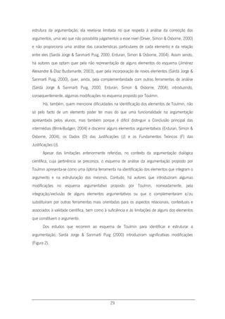 29
estrutura da argumentação, ela revela-se limitada no que respeita à análise da correcção dos
argumentos, uma vez que não possibilita julgamentos a esse nível (Driver, Simon & Osborne, 2000)
e não proporciona uma análise das características particulares de cada elemento e da relação
entre eles (Sardà Jorge & Sanmartí Puig, 2000; Erduran, Simon & Osborne, 2004). Assim sendo,
há autores que optam quer pela não representação de alguns elementos do esquema (Jiménez
Aleixandre & Díaz Bustamante, 2003), quer pela incorporação de novos elementos (Sardà Jorge &
Sanmartí Puig, 2000), quer, ainda, pela complementaridade com outras ferramentas de análise
(Sardà Jorge & Sanmartí Puig, 2000; Erduran, Simon & Osborne, 2004), introduzindo,
consequentemente, algumas modificações no esquema proposto por Toulmin.
Há, também, quem mencione dificuldades na identificação dos elementos de Toulmin, não
só pelo facto de um elemento poder ter mais do que uma funcionalidade na argumentação
apresentada pelos alunos, mas também porque é difícil distinguir a Conclusão principal das
intermédias (Brink-Budgen, 2004) e discernir alguns elementos argumentativos (Erduran, Simon &
Osborne, 2004), os Dados (D) das Justificações (J) e os Fundamentos Teóricos (F) das
Justificações (J).
Apesar das limitações anteriormente referidas, no contexto da argumentação dialógica
científica, cuja pertinência se preconiza, o esquema de análise da argumentação proposto por
Toulmin apresenta-se como uma óptima ferramenta na identificação dos elementos que integram o
argumento e na estruturação dos mesmos. Contudo, há autores que introduziram algumas
modificações no esquema argumentativo proposto por Toulmin, nomeadamente, pela
integração/exclusão de alguns elementos argumentativos ou que o complementaram e/ou
substituíram por outras ferramentas mais orientadas para os aspectos relacionais, contextuais e
associados à validade científica, bem como à suficiência e às limitações de alguns dos elementos
que constituem o argumento.
Dos estudos que recorrem ao esquema de Toulmin para identificar e estruturar a
argumentação, Sardà Jorge & Sanmartí Puig (2000) introduziram significativas modificações
(Figura 2).
 