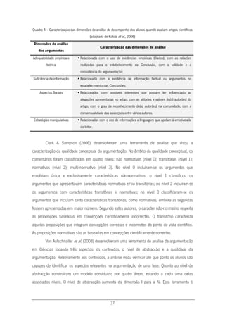 37
Quadro 4 – Caracterização das dimensões de análise do desempenho dos alunos quando avaliam artigos científicos
(adaptado de Kolstø et al., 2006)
Dimensões de análise
dos argumentos
Caracterização das dimensões de análise
Adequabilidade empírica e
teórica
 Relacionada com o uso de evidências empíricas (Dados), com as relações
realizadas para o estabelecimento da Conclusão, com a validade e a
consistência da argumentação;
Suficiência da informação  Relacionada com a existência de informação factual ou argumentos no
estabelecimento das Conclusões;
Aspectos Sociais  Relacionados com possíveis interesses que possam ter influenciado as
alegações apresentadas no artigo, com as atitudes e valores do(s) autor(es) do
artigo, com o grau de reconhecimento do(s) autor(es) na comunidade, com a
consensualidade das asserções entre vários autores.
Estratégias manipulativas  Relacionadas com o uso de informações e linguagem que apelam à emotividade
do leitor.
Clark & Sampson (2008) desenvolveram uma ferramenta de análise que visou a
caracterização da qualidade conceptual da argumentação. No âmbito da qualidade conceptual, os
comentários foram classificados em quatro níveis: não normativos (nível 0); transitórios (nível 1);
normativos (nível 2); multi-normativo (nível 3). No nível 0 incluíram-se os argumentos que
envolviam única e exclusivamente características não-normativas; o nível 1 classificou os
argumentos que apresentavam características normativas e/ou transitórias; no nível 2 incluíram-se
os argumentos com características transitórias e normativas; no nível 3 classificaram-se os
argumentos que incluíam tanto características transitórias, como normativas, embora as segundas
fossem apresentadas em maior número. Segundo estes autores, o carácter não-normativo respeita
as proposições baseadas em concepções cientificamente incorrectas. O transitório caracteriza
aquelas proposições que integram concepções correctas e incorrectas do ponto de vista científico.
As proposições normativas são as baseadas em concepções cientificamente correctas.
Von Aufschnaiter et al. (2008) desenvolveram uma ferramenta de análise da argumentação
em Ciências focando três aspectos: os conteúdos, o nível de abstracção e a qualidade da
argumentação. Relativamente aos conteúdos, a análise visou verificar até que ponto os alunos são
capazes de identificar os aspectos relevantes na argumentação de uma tese. Quanto ao nível de
abstracção construíram um modelo constituído por quatro áreas, estando a cada uma delas
associados níveis. O nível de abstracção aumenta da dimensão I para a IV. Esta ferramenta é
 