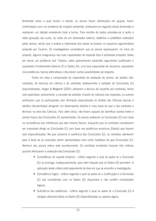 53
Ambiental sobre a qual incidiu o estudo, os alunos foram distribuídos em grupos, foram
confrontados com um problema de impacto ambiental, analisaram-no segundo várias dimensões e
realizaram um debate envolvendo toda a turma. Para recolha de dados procedeu-se à áudio e
vídeo gravação das aulas, às notas de um observador externo, relatórios e portefólios realizados
pelos alunos, sendo que a análise e tratamento dos dados se baseou no esquema argumentativo
proposto por Toulmin. Os investigadores constataram que os alunos expressaram, no início do
projecto, alguma insegurança nas suas capacidades de resposta face à actividade proposta, talvez
por versar um problema real. Todavia, estes apresentaram bastantes argumentos justificados e
suportados Fundamentos teóricos (F) e Dados (D), uma boa capacidade de raciocínio, expuseram
inconsistências, teorias alternativas e discutiram outras possibilidades de resposta.
Tendo em vista a comparação da capacidade de avaliação de alunos, de adultos não-
cientistas, de técnicos em ciência e de cientistas relativamente à validade de Conclusões (C)
disponibilizadas, Hogan & Maglienti (2001) utilizaram a técnica de inquérito por entrevista, tendo
sido explicitado, previamente, o conceito de validade. A partir da natureza das respostas, os autores
verificaram que os participantes sem formação especializada no âmbito das Ciências (alunos e
adultos não-cientistas) atingiram um desempenho distinto e mais baixo do que o dos cientistas e
técnicos na área das Ciências. Para além disso, não foram capazes de identificar pontos fortes e
pontos fracos das Conclusões (C) apresentadas. Os alunos avaliaram as Conclusões (C) com base
na consistência das inferências que eles mesmo faziam, enquanto que os cientistas constataram
ser impossível atingir as Conclusões (C) com base nas evidências empíricas (Dados) que haviam
sido disponibilizadas. No que concerne à coerência das Conclusões (C), os cientistas atentaram
para o facto de as asserções serem apresentadas mais como hipóteses do que Conclusões (C).
Nenhum dos alunos referiu este acontecimento. Os cientistas envolvidos focaram três critérios
quando efectuaram a avaliação das Conclusões (C):
 Consistência do suporte empírico - critério segundo o qual se avalia se a Conclusão
(C) se prorroga, inadequadamente, para além daquilo que os Dados (D) permitem. A
aplicação deste critério está dependente da fase em que se encontra a investigação;
 Consistência lógica - critério segundo o qual se avalia se a Justificação e a Conclusão
(C) são consistentes com os Dados (D) disponíveis e não contêm contradições
lógicas;
 Suficiência das evidências - critério segundo o qual se avalia se a Conclusão (C) é
atingida utilizando todas os Dados (D) disponibilizados ou apenas alguns.
 
