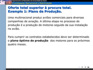 Oferta total superior à procura total.
Exemplo 1: Plano de Produção.
Uma multinacional produz aviões comerciais para diversas
companhias de aviação. A última etapa no processo de
produção é a produção de motores seguido da sua instalação
no avião.


Para cumprir os contratos estabelecidos deve ser determinado
o plano óptimo de produção dos motores para os próximos
quatro meses.




                                                   
 