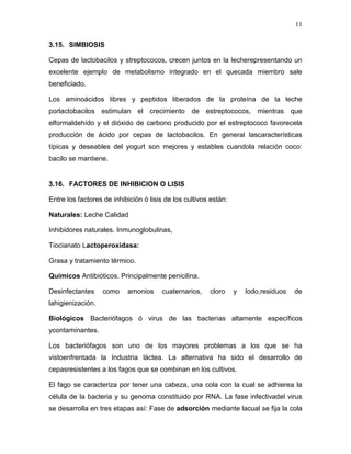 11

3.15. SIMBIOSIS

Cepas de lactobacilos y streptococos, crecen juntos en la lecherepresentando un
excelente ejemplo de metabolismo integrado en el quecada miembro sale
beneficiado.

Los aminoácidos libres y peptidos liberados de la proteína de la leche
porlactobacilos estimulan el crecimiento de estreptococos, mientras que
elformaldehído y el dióxido de carbono producido por el estreptococo favorecela
producción de ácido por cepas de lactobacilos. En general lascaracterísticas
típicas y deseables del yogurt son mejores y estables cuandola relación coco:
bacilo se mantiene.


3.16. FACTORES DE INHIBICION O LISIS

Entre los factores de inhibición ó lisis de los cultivos están:

Naturales: Leche Calidad

Inhibidores naturales. Inmunoglobulinas,

Tiocianato Lactoperoxidasa:

Grasa y tratamiento térmico.

Químicos Antibióticos. Principalmente penicilina.

Desinfectantes     como    amonios     cuaternarios,    cloro     y   Iodo,residuos   de
lahigienización.

Biológicos Bacteriófagos ó virus de las bacterias altamente específicos
ycontaminantes.

Los bacteriófagos son uno de los mayores problemas a los que se ha
vistoenfrentada la Industria láctea. La alternativa ha sido el desarrollo de
cepasresistentes a los fagos que se combinan en los cultivos.

El fago se caracteriza por tener una cabeza, una cola con la cual se adhierea la
célula de la bacteria y su genoma constituido por RNA. La fase infectivadel virus
se desarrolla en tres etapas así: Fase de adsorción mediante lacual se fija la cola
 