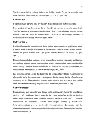 14

Tradicionalmente los cultivos lácticos se dividen según Cogan de acuerdo asus
características funcionales en cultivos tipo O, L, LD. (Cogan, 1991).

Cultivos Tipo O

Se caracterizan por una baja producción de ácido láctico a partir de lactosa.

Son usados principalmente en la producción de quesos de pasta cerrada(sin
“ojos”) o levemente abierta como el Cheddar, Colby, Feta, Cottage yquesos de tipo
similar. Entre las especies encontramos Lactococcus lactissubsp. cremoris y
Lactococcus lactis subsp. lactis .(Cogan, 1991).

Cultivos Tipo L

Se identifican por la producción de ácido láctico y compuestos aromáticosde sabor
y aroma, así como baja producción de dióxido cárbonico. Sonusados para producir
quesos de pasta abierta (con “ojos”) con buenaproducción de aroma. (Cogan,
1991).

Dentro de los estudios recientes en el desarrollo de quesos frescos es lautilización
de cultivos lácticos como Lactobacillus lactis, Lactobacillus casei,Lactobacillus
acidophilus y Bifidobacterium entre otros, en varios tipos dequesos en México, en
los cuales se ha mejorado la calidad sensorial.(Torres, 2005).

Las investigaciones acerca del desarrollo de compuestos volátiles y aromaspor el
efecto de leche inoculada con Lactococcus lactis subsp. lactis yStreptococus
salivarius subsp. Thermophilus, productor de bacteriocinas enquesos frescos con
el fin de extender vida útil y mejorar calidad sensorial.(Beresford, 2001)

Cultivo Protector

Se caracteriza por presentar una baja y lenta acidificación, formando ácidoláctico
de tipo L (+) y ácido propiónico, además de formar pequeñascantidades de otros
compuestos aromáticos como diacetilo, pero con bajaproducción de CO2. Inhibe el
crecimiento   de    microflora   extraña   comohongos,      mohos    y   lactobacillos
heterofermentativos por la producción debacteriocinas. Compuesto por las
siguientes bacterias Lactocooccus lactis,Propionibacterium freudenreichii susbsp.
shermanii, (Danisco).
 