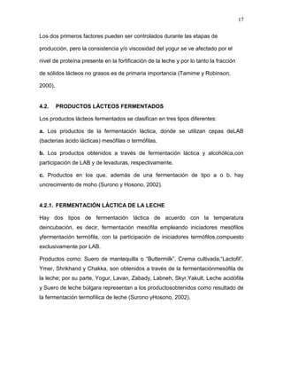 17

Los dos primeros factores pueden ser controlados durante las etapas de

producción, pero la consistencia y/o viscosidad del yogur se ve afectado por el

nivel de proteína presente en la fortificación de la leche y por lo tanto la fracción

de sólidos lácteos no grasos es de primaria importancia (Tamime y Robinson,

2000).


4.2.     PRODUCTOS LÁCTEOS FERMENTADOS

Los productos lácteos fermentados se clasifican en tres tipos diferentes:

a. Los productos de la fermentación láctica, donde se utilizan cepas deLAB
(bacterias ácido lácticas) mesófilas o termófilas.

b. Los productos obtenidos a través de fermentación láctica y alcohólica,con
participación de LAB y de levaduras, respectivamente.

c. Productos en los que, además de una fermentación de tipo a o b, hay
uncrecimiento de moho (Surono y Hosono, 2002).


4.2.1. FERMENTACIÓN LÁCTICA DE LA LECHE

Hay dos tipos de fermentación láctica de acuerdo con la temperatura
deincubación, es decir, fermentación mesófila empleando iniciadores mesófilos
yfermentación termófila, con la participación de iniciadores termófilos,compuesto
exclusivamente por LAB.

Productos como: Suero de mantequilla o “Buttermilk”, Crema cultivada,“Lactofil”,
Ymer, Shrikhand y Chakka, son obtenidos a través de la fermentaciónmesófila de
la leche; por su parte, Yogur, Lavan, Zabady, Labneh, Skyr,Yakult, Leche acidófila
y Suero de leche búlgara representan a los productosobtenidos como resultado de
la fermentación termofílica de leche (Surono yHosono, 2002).
 