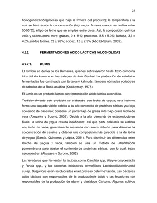 25

homogeneización(proceso que baja la firmeza del producto); la temperatura a la
cual se lleve acabo la concentración (hay mayor firmeza cuando se realiza entre
50-55°C); eltipo de leche que se emplee, entre otros. Así, la composición química
varía y seencuentra entre: grasas, 9 ± 11%; proteínas, 8.5 ± 9.0%; lactosa, 3,5 ±
4,0%,sólidos totales, 22 ± 26%; acidez, 1,5 ± 2,5% (Abd El-Salam, 2002).


4.2.2.       FERMENTACIONES ACIDO LÁCTICAS /ALCOHÓLICAS


4.2.2.1.     KUMIS

El nombre se deriva de los Kumanes, quienes sobrevivieron hasta 1235 comouna
tribu del rio kumane en las estepas de Asia Central. La producción de estaleche
fermentadas fue continuada por tártaros y kalmuds, famosos nómadas ycriadores
de caballos de la Rusia asiática (Kosikowsky, 1978).

El kumis es un producto lácteo con fermentación ácido láctica-alcohólica.

Tradicionalmente este producto se elaboraba con leche de yegua; esta lecheno
forma una cuajada visible debido a su alto contenido de proteínas séricas ysu bajo
contenido de caseínas; contiene un porcentaje de grasa más bajo quela leche de
vaca (Akuzawa y Surono, 2002). Debido a la alta demanda de esteproducto en
Rusia, la leche de yegua resulta insuficiente; así que parte delkumis se elabora
con leche de vaca, generalmente mezclada con suero deleche para disminuir la
concentración de caseína y obtener una composiciónmás parecida a la de leche
de yegua (García, Quinteros y López, 2004). Para disminuir las diferencias entre
laleche de yegua y vaca, también se usa un método de ultrafiltración
pormembrana para ajustar el contenido de proteínas séricas, con lo cual, éstas
seconcentran (Akuzawa y Surono, 2002).

Las levaduras que fermentan la lactosa, como Candida spp., Kluyveromyceslactis
y Torula spp., y las bacterias iniciadoras termofílicas Lactobacillusdelbrueckii
subsp. Bulgaricus están involucradas en el proceso defermentación. Las bacterias
acido lácticas son responsables de la producciónde ácido y las levaduras son
responsables de la producción de etanol y dióxidode Carbono. Algunos cultivos
 