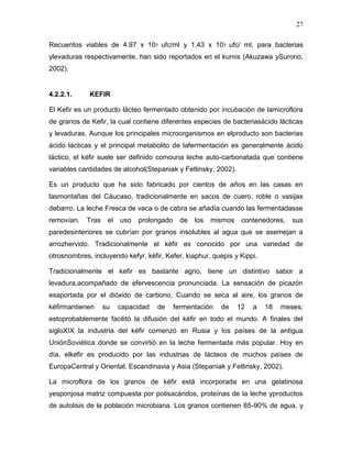 27

Recuentos viables de 4.97 x 107 ufc/ml y 1.43 x 107 ufc/ ml, para bacterias
ylevaduras respectivamente, han sido reportados en el kumis (Akuzawa ySurono,
2002).


4.2.2.1.     KEFIR

El Kefir es un producto lácteo fermentado obtenido por incubación de lamicroflora
de granos de Kefir, la cual contiene diferentes especies de bacteriasácido lácticas
y levaduras. Aunque los principales microorganismos en elproducto son bacterias
ácido lácticas y el principal metabolito de lafermentación es generalmente ácido
láctico, el kéfir suele ser definido comouna leche auto-carbonatada que contiene
variables cantidades de alcohol(Stepaniak y Fetlinsky, 2002).

Es un producto que ha sido fabricado por cientos de años en las casas en
lasmontañas del Cáucaso, tradicionalmente en sacos de cuero, roble o vasijas
debarro. La leche Fresca de vaca o de cabra se añadía cuando las fermentadasse
removían.   Tras    el   uso   prolongado     de   los   mismos    contenedores,   sus
paredesinteriores se cubrían por granos insolubles al agua que se asemejan a
arrozhervido. Tradicionalmente el kéfir es conocido por una variedad de
otrosnombres, incluyendo kefyr, kéfir, Kefer, kiaphur, quepis y Kippi.

Tradicionalmente el kefir es bastante agrio, tiene un distintivo sabor a
levadura,acompañado de efervescencia pronunciada. La sensación de picazón
esaportada por el dióxido de carbono. Cuando se seca al aire, los granos de
kéfirmantienen     su    capacidad   de     fermentación   de     12   a   18   meses;
estoprobablemente facilitó la difusión del kéfir en todo el mundo. A finales del
sigloXIX la industria del kéfir comenzó en Rusia y los países de la antigua
UniónSoviética donde se convirtió en la leche fermentada más popular. Hoy en
día, elkefir es producido por las industrias de lácteos de muchos países de
EuropaCentral y Oriental, Escandinavia y Asia (Stepaniak y Fetlinsky, 2002).

La microflora de los granos de kéfir está incorporada en una gelatinosa
yesponjosa matriz compuesta por polisacáridos, proteínas de la leche yproductos
de autolisis de la población microbiana. Los granos contienen 85-90% de agua, y
 