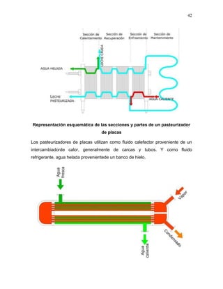 42




Representación esquemática de las secciones y partes de un pasteurizador
                                   de placas

Los pasteurizadores de placas utilizan como fluido calefactor proveniente de un
intercambiadorde calor, generalmente de carcas y tubos. Y como fluido
refrigerante, agua helada provenientede un banco de hielo.
 