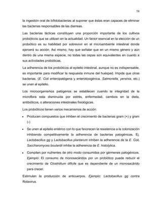 58

la ingestión oral de bífidobacterias al suponer que éstas eran capaces de eliminar
las bacterias responsables de las diarreas.

Las bacterias lácticas constituyen una proporción importante de los cultivos
probióticos que se utilizan en la actualidad. Un factor esencial en la elección de un
probiótico es su habilidad por sobrevivir en el microambiente intestinal donde
ejercerá su acción. Así mismo, hay que señalar que en un mismo género y aún
dentro de una misma especie, no todas las cepas son equivalentes en cuanto a
sus actividades probióticas.

La adherencia de los probióticos al epitelio intestinal, aunque no es indispensable,
es importante para modificar la respuesta inmune del huésped. Impide que otras
bacterias, (E. Coli enteropatógena y enterotoxigénica, Salmonella, yersinia, etc.)
se unan al epitelio.

Los microorganismos patógenos se establecen cuando la integridad de la
microflora esta disminuida por estrés, enfermedad, cambios en la dieta,
antibióticos, o alteraciones intestinales fisiológicas.

Los probióticos tienen varios mecanismos de acción:

   Producen compuestos que inhiben el crecimiento de bacterias gram (+) y gram
   (-)

   Se unen al epitelio entérico con lo que favorecen la resistencia a la colonización
   inhibiendo competitivamente la adherencia de bacterias patogénicas. Ej.
   Lactobacillus gg y Lactobacillus plantarum inhiben la adherencia de la E. Coli,
   Saccharomyces boulardii inhibe la adherencia de E. histolytica.

   Compiten por nutrientes de otro modo consumidos por gérmenes patogénicos.
   Ejemplo: El consumo de monosacáridos por un probiótico puede reducir el
   crecimiento de Clostridium dificile que es dependiente de un monosacárido
   para crecer.

Estimulan la producción de anticuerpos. Ejemplo: Lactobacillus gg contra
Rotavirus.
 