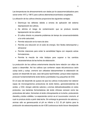 6

Las temperaturas de almacenamiento son dadas por la casacomercializadora pero
varían entre 18°C y 196°C para cultivos altamenteconcentrados congelados.

La utilización de los cultivos directos proporciona las siguientes ventajas:

       Disminuye los defectos debido a errores de aplicación del sistema
       depreparación de cultivos.
       Se elimina el riesgo de contaminación que se produce durante
       lapreparación de los cultivos
       El cultivo directo no presenta problemas de tiempo de conservacióndebido
       a la corta caducidad.
       Permite reducción en la mano de obra
       Permite una reducción en el costo de energía. Son fáciles detransportar y
       almacenar
       Permite rotaciones para evitar la sensibilidad fágica con respecto aotras
       formulaciones.
       Permite la mezcla de más biotipos para superar a los cambios
       decaracterísticas de las leches de elaboración.

La producción de los cultivos anteriormente descrita tiene relación con eltipo de
queso a desarrollar. Así los cultivos que contienen cepas deLactococcus lactis
subsp lactis y subsp. cremoris son utilizados básicamenteen la elaboración de
quesos sin desarrollo de ojos, caso del queso tipoCheddar, porque estas especies
producen fundamentalmente ácido láctico ycantidades muy pequeñas de CO2.

En el caso del desarrollo de quesos de ojos los cultivos involucrados han detener
cepas de microorganismos productoras de ácido láctico, generadoraslentas de
acidez, y CO2, otorgan además sabores y aromas delicadosdeseables en estos
productos. Las bacterias fermentadoras del ácido cítricose conocen como las
productoras del sabor, fermentan el ácido cítricopresente en la leche, produciendo
diacetilo,y ácidos volátiles. La especiemás común es el Leuconostoc cremoris, el
cual no produce ácido a partir dela leche. Sin embargo la generación de sabores y
aromas sólo se generacuando el pH es inferior a 5.2. El pH óptimo para la
producción de estoscompuestos es de 4.3El Lactococcus lactis biovar diacetylactis
 