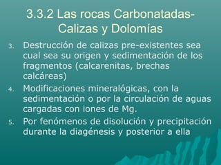 3.3.2 Las rocas Carbonatadas- 
Calizas y Dolomías 
3. Destrucción de calizas pre-existentes sea 
cual sea su origen y sedimentación de los 
fragmentos (calcarenitas, brechas 
calcáreas) 
4. Modificaciones mineralógicas, con la 
sedimentación o por la circulación de aguas 
cargadas con iones de Mg. 
5. Por fenómenos de disolución y precipitación 
durante la diagénesis y posterior a ella 
 