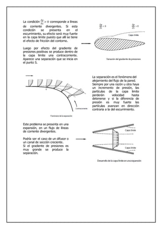 La condición
𝜕𝑝
𝜕𝑥
> 0 corresponde a líneas
de corriente divergentes. Si esta
condición se presenta en el
escurrimiento, su efecto será muy fuerte
en la capa limite puesto que allí se tiene
el efecto de fricción del contorno.
Luego por efecto del gradiente de
presiones positivas se produce dentro de
la capa limite una contracorriente.
Aparece una separación que se inicia en
el punto S.
La separación es el fenómeno del
alejamiento del flujo de la pared.
Siempre por una razón u otra haya
un incremento de presión, las
partículas de la capa limite
perderán velocidad hasta
detenerse y si la diferencia de
presión es muy fuerte las
partículas avanzan en dirección
contraria a la del escurrimiento.
Este problema se presenta en una
expansión, en un flujo de líneas
de corriente divergentes.
Podría ser el caso de un difusor o
un canal de sección creciente.
Si el gradiente de presiones es
muy grande se produce la
separación.
 