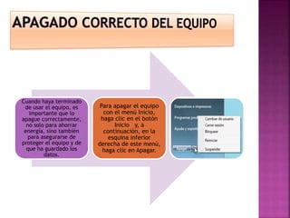 Cuando haya terminado
de usar el equipo, es
importante que lo
apague correctamente,
no solo para ahorrar
energía, sino también
para asegurarse de
proteger el equipo y de
que ha guardado los
datos.
Para apagar el equipo
con el menú Inicio,
haga clic en el botón
Inicio y, a
continuación, en la
esquina inferior
derecha de este menú,
haga clic en Apagar.
 
