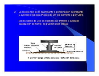 2. La resistencia de la subrasante o combinación subrasante
y sub base (K) para Placas de 30” de diámetro o por CBR.
En los casos de uso de subbase no tratada o subbase
tratada con cemento, se pueden usar Tablas
 