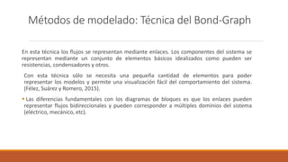 Métodos de modelado: Técnica del Bond-Graph
En esta técnica los flujos se representan mediante enlaces. Los componentes del sistema se
representan mediante un conjunto de elementos básicos idealizados como pueden ser
resistencias, condensadores y otros.
Con esta técnica sólo se necesita una pequeña cantidad de elementos para poder
representar los modelos y permite una visualización fácil del comportamiento del sistema.
(Félez, Suárez y Romero, 2015).
 Las diferencias fundamentales con los diagramas de bloques es que los enlaces pueden
representar flujos bidireccionales y pueden corresponder a múltiples dominios del sistema
(eléctrico, mecánico, etc).
 