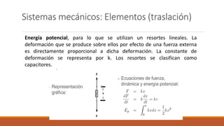 Sistemas mecánicos: Elementos (traslación)
Energía potencial, para lo que se utilizan un resortes lineales. La
deformación que se produce sobre ellos por efecto de una fuerza externa
es directamente proporcional a dicha deformación. La constante de
deformación se representa por k. Los resortes se clasifican como
capacitores.
 