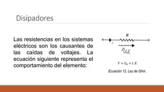 Disipadores
Las resistencias en los sistemas
eléctricos son los causantes de
las caídas de voltajes. La
ecuación siguiente representa el
comportamiento del elemento:
 
