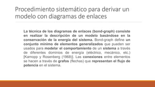 Procedimiento sistemático para derivar un
modelo con diagramas de enlaces
La técnica de los diagramas de enlaces (bond-graph) consiste
en realizar la descripción de un modelo basándose en la
conservación de la energía del sistema. Bond-graph define un
conjunto mínimo de elementos generalizados que pueden ser
usados para modelar el comportamiento de un sistema a través
de diferentes dominios de energía (eléctrico, mecánico, etc.)
[Kamopp y Rosenberg (1968)]. Las conexiones entre elementos
se hacen a través de grafos (flechas) que representan el flujo de
potencia en el sistema.
 