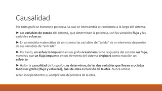 Causalidad
Por todo grafo se transmite potencia, la cual se intercambia o transforma a lo largo del sistema.
► Las variables de estado del sistema, que determinan la potencia, son las variables flujo y las
variables esfuerzo.
► En un modelo matemático de un sistema las variables de "salida" de un elemento dependen
de sus variables de “entrada”.
► Por tanto, un esfuerzo impuesto en un grafo ocasionará como respuesta del sistema un flujo,
mientras que un flujo impuesto en un elemento del sistema originará como reacción un
esfuerzo.
► Hallar la causalidad de los grafos, es determinar, de las dos variables que llevan asociadas
todos los grafos (flujo y esfuerzo), cual de ellas es función de la otra. Nunca ambas
serán independientes y siempre una dependerá de la otra.
 