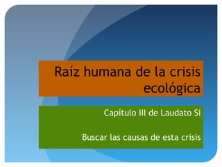 Raíz humana de la crisis
ecológica
Capítulo III de Laudato Si
Buscar las causas de esta crisis
 